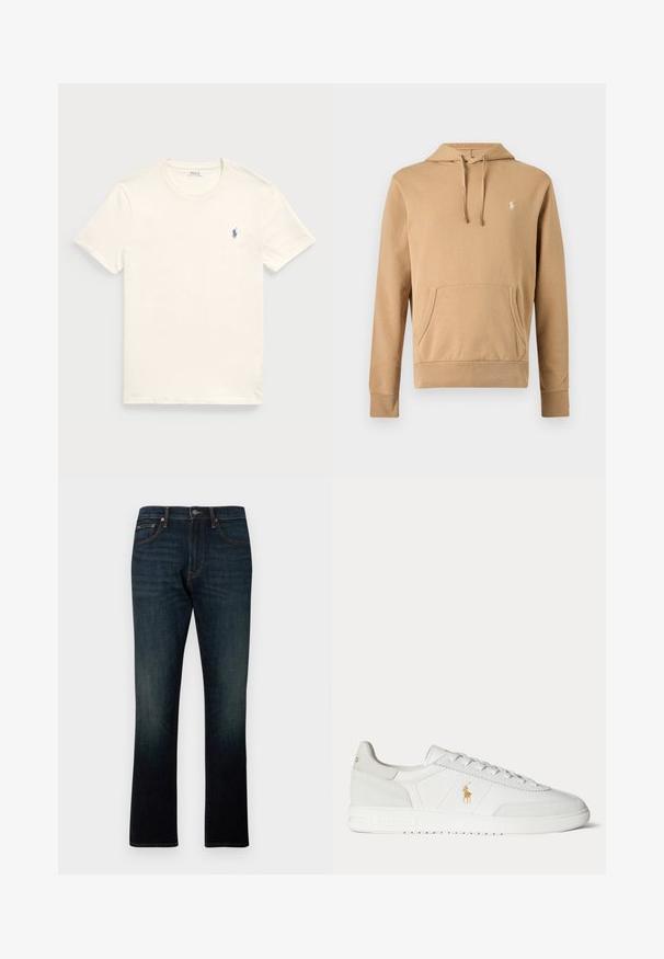 Beige hættetrøje med frontlomme, snøre i hætten, lange ærmer og lille hvidt broderet logo på brystet.; Kræmfærdig bomulds t-shirt i kremfarve med rund hals og korte ærmer. Har et lille blåt broderet logo på venstre bryst.; Mørkeblå straight-leg denim jeans med fem lommer og orange syninger, vist fladt på en hvid baggrund.; Hvid lavtop sneaker med snøredesign, guldfarvet Polo Ralph Lauren-logo på siden og tekstureret sål på en ensfarvet baggrund.