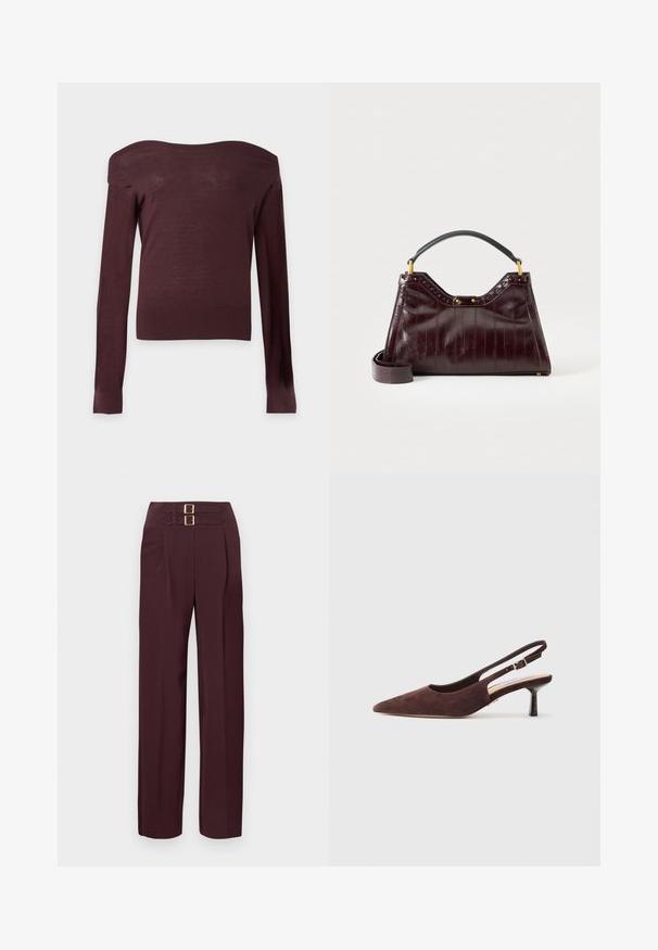 Pull moulant marron foncé à épaules dénudées, manches longues, avec poignets et ourlet côtelés sur un fond clair uni.; Pantalon taille haute de couleur bordeaux foncé avec deux sangles à boucle dorée en haut et une coupe droite.; Chaussures slingback en suédine brune avec un bout pointu et un talon fin. Elles disposent d'une bride réglable avec une boucle en métal.; Sac à main en cuir bordeaux foncé avec motif texturé, poignée supérieure noire, accessoires dorés et bandoulière amovible sur fond blanc.
