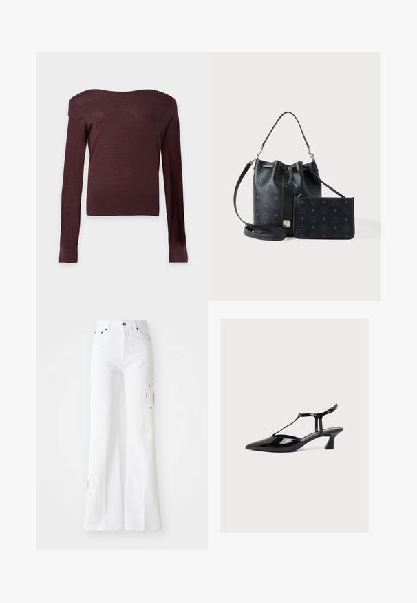 Mørkebrun off-shoulder stram striktrøje med lange ærmer og ribbede manchetter og kant mod en ensartet lys baggrund.; Hvide flare-jeans lavet af denim, med høj talje, subtile udskæringsdesigns og fem lomme-stil. Metalknap og lynlås lukning.; Sort laklæder sko med lav hæl, spids tå, T-rem og spænde lukning på lys neutral baggrund.; Sort læder bucket taske med justerbar skulderrem og matchende lynlåspung med diskret logomønster på hvid baggrund.