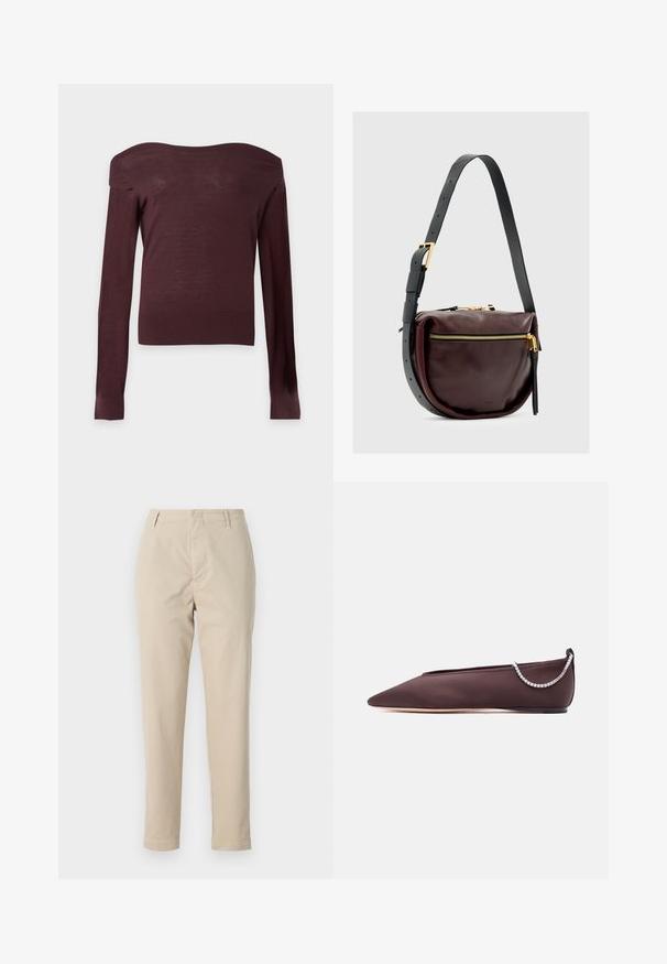 Mørkebrun off-shoulder stram striktrøje med lange ærmer og ribbede manchetter og kant mod en ensartet lys baggrund.; Beige bomuldsbukser med lige pasform, bælteløkker og lynlås. Stoffet har en glat tekstur og ingen synlige mønstre eller accenter.; Mørkebrun flad sko med spids tå, lav hæl og en sølvfarvet rhinstenkæde detalje bagpå.; Læder crossover taske i dyb burgunder med en rund form. Har en guld lynlås-lukning og en aftagelig sort strop med guld hardware detaljer.