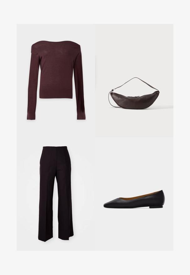 Dunkelbrauner, schulterfreier, figurbetonter Pullover mit langen Ärmeln, gerippten Bündchen und Saum vor hellem einfarbigem Hintergrund.; Schwarze weite Hose mit hoher Taille, aus einem glatten Material und dezenten Vorderfalten, maßgeschneidert für eine strukturierte Passform.; Schwarzer flacher Schuh aus Leder mit spitz zulaufender Vorderkappe, niedrigem Absatz und glatter Oberfläche, von der Seite vor einem hellgrauen Hintergrund dargestellt.; Dunkelbraune Leder-Schultertasche in Halbmondform mit gebogenem Riemen und sichtbarer Naht auf schlichtem Hintergrund.