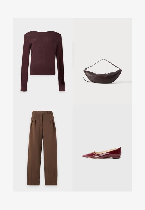 Pull moulant marron foncé à épaules dénudées, manches longues, avec poignets et ourlet côtelés sur un fond clair uni.; Pantalons marron en tissu lisse, avec une taille haute, des plis avant et une coupe décontractée. Comprend des poches latérales et des jambes fuselées.; Ballerines en cuir verni bordeaux avec un bout pointu, présentant un petit détail découpé et un petit talon. Texture lisse et design épuré.; Sac d'épaule en cuir marron foncé en forme de croissant avec une lanière courbée et des coutures visibles sur fond uni.