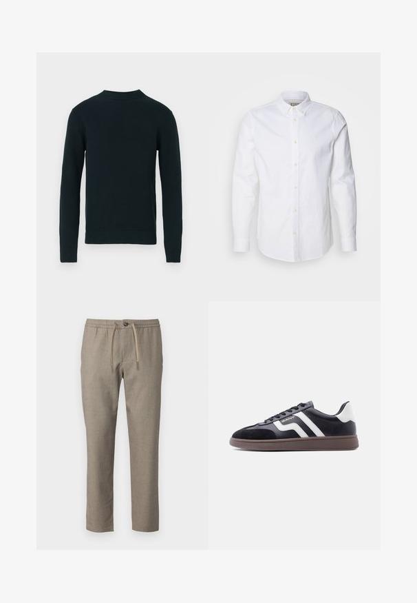 Sort langærmet strikket sweater med rund halsudskæring og ribbede manchetter og kant, vist på en ensfarvet hvid baggrund.; Hvid langærmet skjorte med knapper lavet af bomuld, med en struktureret krave, diskret logo-broderi og lysebrune knapper.; Beige bukser med elastisk talje, snor til lukning og lige ben. Materialet har en subtil tekstur.; Sorte sneakers med ruskind og syntetisk materiale, hvide diagonale striber og en brun tekstureret sål. Har snøredesign og polstret krave.