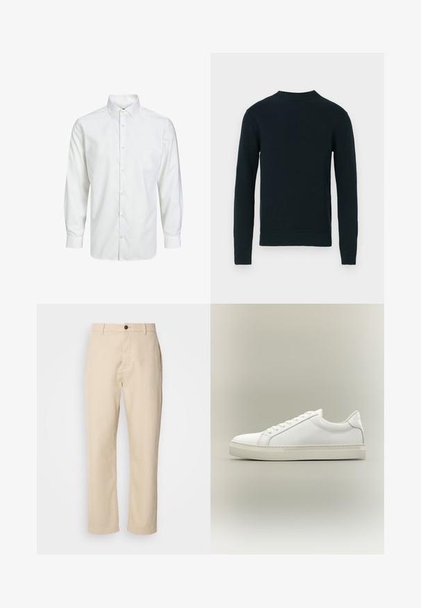Sort langærmet strikket sweater med rund halsudskæring og ribbede manchetter og kant, vist på en ensfarvet hvid baggrund.; Hvid skjorte med lange ærmer, knaplukning, spids krave og knapper ved manchetterne, vist på en ensfarvet hvid baggrund.; Beige bomuldsbukser med lige ben, en frontknaplukning, sidelommer og en glat tekstur. Minimalistisk design, ingen synlige mønstre.; Hvid lavtop sneaker med snørebånd foran og tyk sål, vist fra siden mod en neutral baggrund.