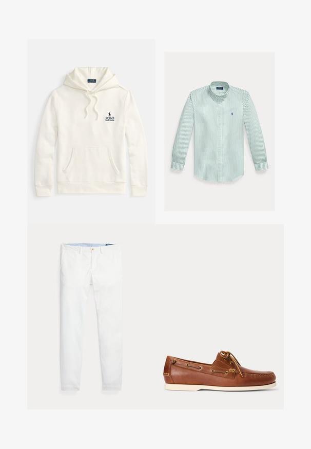 Cremefarbener Hoodie aus einem Baumwollmischgewebe, mit einer Fronttasche, Kapuze mit Kordelzug und einem bestickten marineblauen Logo auf der Brust.; Hemd mit Knopfleiste in grünen und weißen Vertikalstreifen, aus Baumwolle. Verfügt über einen klassischen Kragen, lange Ärmel und ein kleines Logo auf der Brust.; Weiße Baumwoll-Chinos mit schmaler Passform, ausgestattet mit einem einzigen goldfarbenen Knopfverschluss und einem hellblauen inneren Bund. Glatte Textur ohne Muster.; Brauner Leder-Bootsschuh mit weißer Sohle, oben geschnürte Schnürsenkel und Metallösen entlang der Seiten und der vorderen Naht.