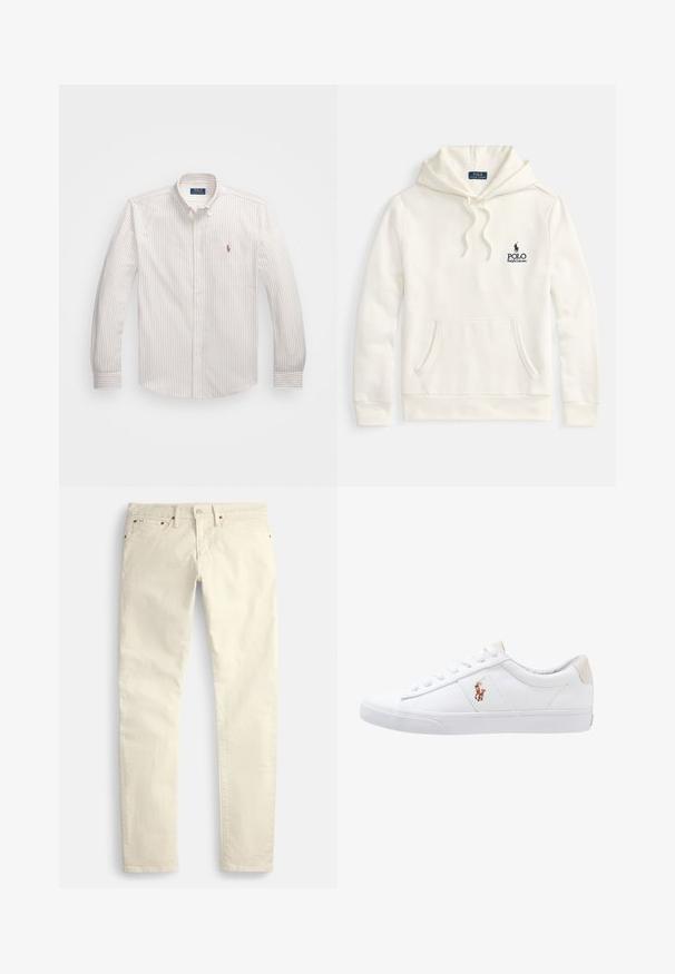 Kremfarget hettegenser laget av bomullsblanding, med frontlomme, snor i hetten og brodert marineblått logo på brystet.; Hvit skjorte med tynne vertikale striper i lys beige. Har klassisk krage, lange ermer og en liten brodert logo på brystet.; Lys beige bukser med rette ben laget av et teksturert stoff. Har fem lommer og brune metalliske detaljer. Ingen synlige mønstre eller aksenter.; Hvite lerretssko med lav topp, med en beige hæltab og en liten brodert logo på siden. Gummisåle.