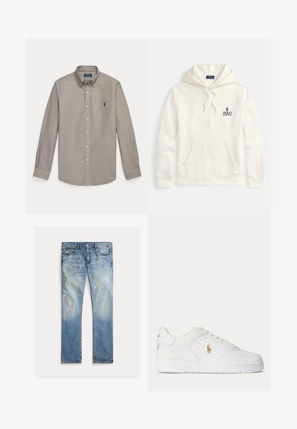 Crèmekleurige hoodie gemaakt van katoenmixstof, met een zak aan de voorkant, een capuchon met trekkoord en een geborduurd marineblauw logo op de borst.; Lichtgrijs overhemd met lange mouwen, knopen, kraag en blauw Polo Ralph Lauren geborduurd logo op de linkerborst.; Lichtblauwe denim jeans met een vervaagde was, verwerkte details, verfspatten, traditionele vijf-pocket ontwerp, rechte pasvorm.; Witte lage leren sneaker met witte veters en een gouden Polo Ralph Lauren-logo aan de zijkant en "Polo" in de zool gegraveerd.