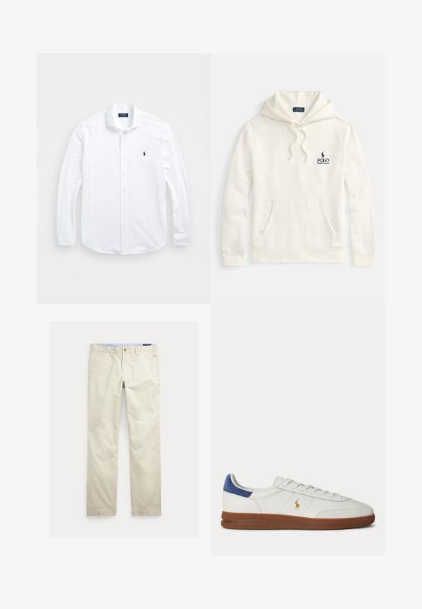 Cremefarbener Hoodie aus einem Baumwollmischgewebe, mit einer Fronttasche, Kapuze mit Kordelzug und einem bestickten marineblauen Logo auf der Brust.; Weißes Langarm-Hemd mit Knopfleiste, aus Baumwolle gefertigt. Verfügt über einen klassischen Kragen, reguläre Passform und ein kleines blaues Logo auf der Brust.; Beige Baumwollhosen mit geradem Bein, Gürtelschlaufen, vorderem Knopf, Reißverschluss und Seitentaschen.; Weißer Low-Top Sneaker mit brauner Sohle, blauem Fersenlasche, Schnürsenkeln und goldenem Polo Ralph Lauren Logo an der Seite.