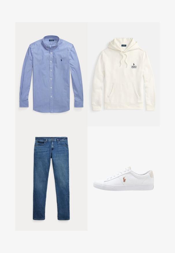 Cremefarbener Hoodie aus einem Baumwollmischgewebe, mit einer Fronttasche, Kapuze mit Kordelzug und einem bestickten marineblauen Logo auf der Brust.; Langarm blau-weiß vertikal gestreiftes Hemd mit Knopfleiste, Button-Down-Kragen und Polo Ralph Lauren Logo auf der Brust.; Blaue Jeans aus Denim mit schmalem Schnitt, ausgestattet mit vorderen Taschen, Gürtelschlaufen und einem Knopfverschluss vor weißem Hintergrund.; Weiße Leinensneaker im Low-Top-Design mit einem beigen Ferseneinsatz und einem kleinen gestickten Logo an der Seite. Gummisohle.