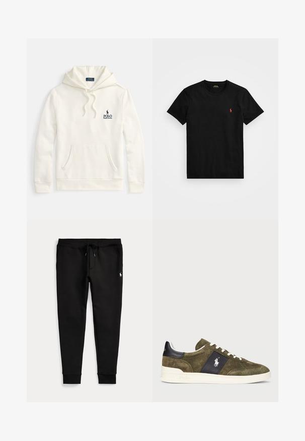 Cremefarbener Hoodie aus einem Baumwollmischgewebe, mit einer Fronttasche, Kapuze mit Kordelzug und einem bestickten marineblauen Logo auf der Brust.; Schwarzes Baumwoll-T-Shirt mit Rundhalsausschnitt, kurzen Ärmeln und einem kleinen roten gestickten Logo auf der linken Brust. Glatte Textur, klassischer Schnitt.; Schwarze Jogginghose mit umgeschlagenen Bündchen, Tunnelzug in der Taille, Seitentaschen und kleinem weißen Polo-Spieler-Logo am rechten Oberschenkel.; Olivgrüne Wildleder-Sneaker mit einem navyblauen Akzentpanel, weißen Schnürsenkeln und einem Logo. Sie verfügen über eine strukturierte Oberfläche und eine weiße Gummisohle.
