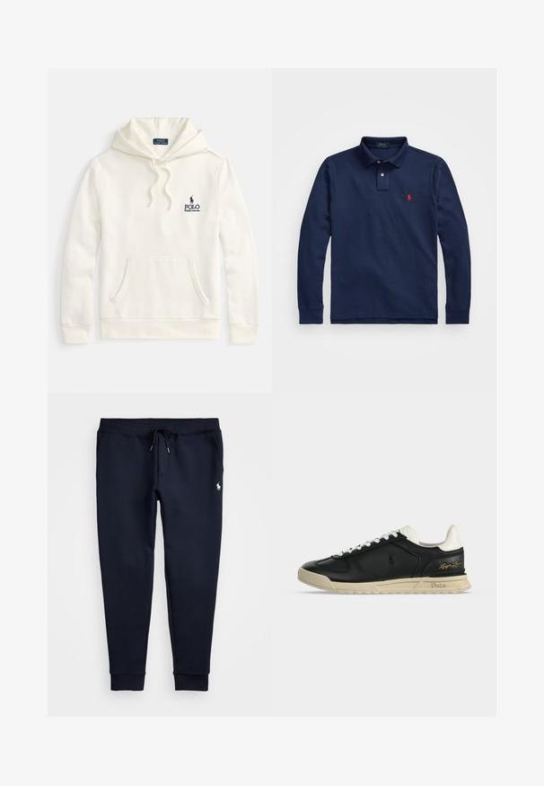 Cremefarbener Hoodie aus einem Baumwollmischgewebe, mit einer Fronttasche, Kapuze mit Kordelzug und einem bestickten marineblauen Logo auf der Brust.; Marineblaues Langarm-Polohemd mit einem klassischen Kragen, einer Drei-Knopf-Leiste und einem roten gestickten Logo auf der linken Brust. Aus Baumwollmischgewebe.; Navyblaue Jogginghose mit einem Kordelzugbund, elastischen Bündchen und einem kleinen weißen Logo auf dem oberen linken Bein. Weicher Stoff.; Schwarzer Ledersneaker mit weißen Schnürsenkeln und Ferse, beige Sohle mit Prägung „Polo“ und goldener „Ralph Lauren“-Signatur an der Seite.