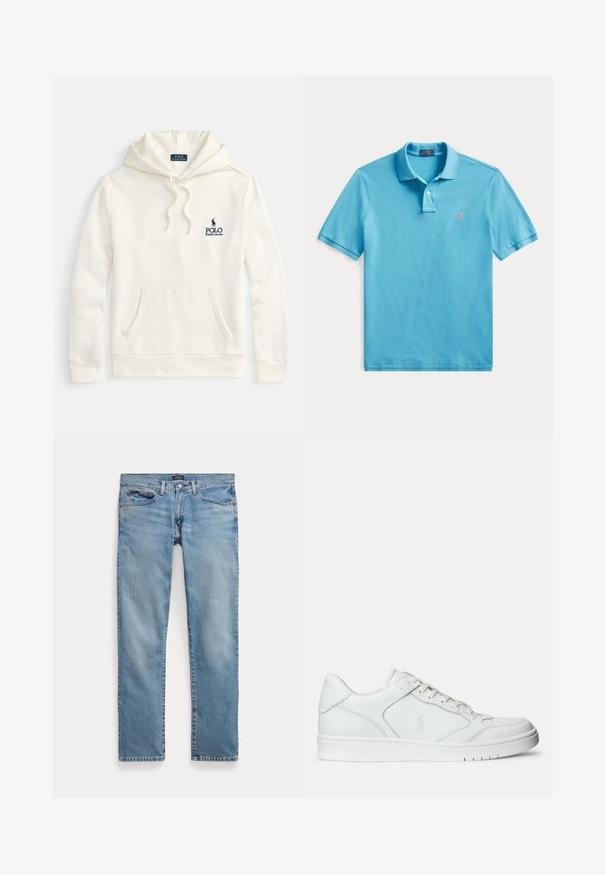 Sudadera con capucha color crema, confeccionada con una mezcla de algodón, que cuenta con un bolsillo delantero, capucha con cordón ajustable y un logo bordado en azul marino en el pecho.; Camiseta tipo polo de manga corta en color azul claro con dos botones y un pequeño logotipo bordado en rosa en el lado izquierdo del pecho.; Vaqueros de mezclilla azul claro de corte recto con bolsillos delanteros y cierre de botón, colocados planos sobre un fondo blanco.; Zapatilla de cuero blanca con textura suave, que presenta una puntera perforada, cierre de cordones y logo bordado en el lateral. Suela de goma blanca.