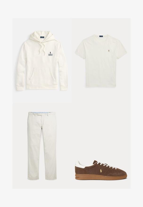 Cremefarbener Hoodie aus einem Baumwollmischgewebe, mit einer Fronttasche, Kapuze mit Kordelzug und einem bestickten marineblauen Logo auf der Brust.; Weißes kurzärmeliges Baumwoll-T-Shirt mit Rundhalsausschnitt, kleinem besticktem Polo Ralph Lauren Logo auf der linken Brust.; Cremefarbene gerade geschnittene Hosen mit Gürtelschlaufen und verdecktem vorne liegenden Verschluss auf einfarbigem Hintergrund.; Brauner Wildleder-Sneaker mit weißen Schnürsenkeln und Ferse, Gummisohle und goldenem Ralph Lauren Pferdelogo an der Seite.