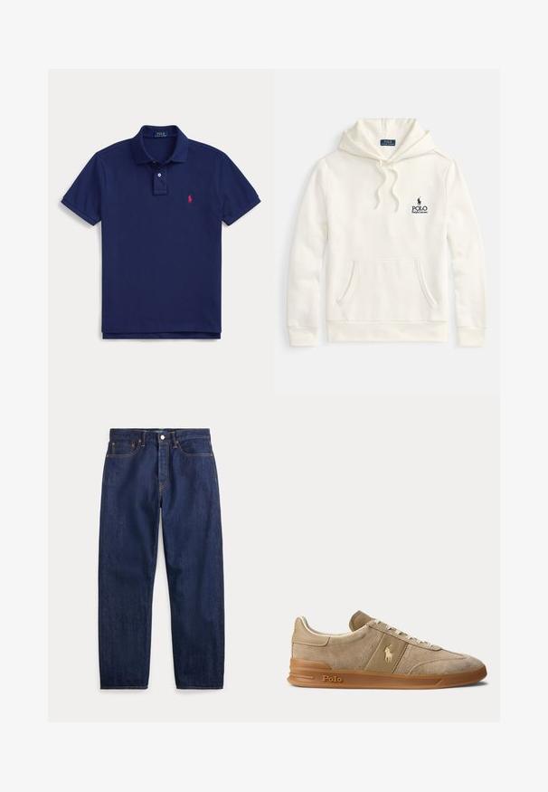 Sudadera con capucha color crema, confeccionada con una mezcla de algodón, que cuenta con un bolsillo delantero, capucha con cordón ajustable y un logo bordado en azul marino en el pecho.; Polo azul marino con cuello, tapeta con dos botones, mangas cortas y pequeño logo rojo de Ralph Lauren en el pecho izquierdo.; Vaqueros de mezclilla azul oscuro con perneras rectas, cinco bolsillos, cierre de botones y costuras visibles.; Zapatilla beige de ante y cuero con suela de goma, cordones blancos y logo Polo en el lateral y la suela.