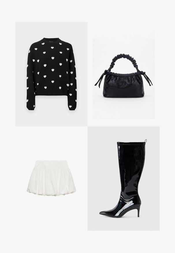 Pull noir en tissu tricoté, présentant un col rond et des manches longues, orné de petits motifs de cœurs blancs sur l'ensemble.; Jupe ballon blanche avec une large ceinture et un tissu froncé créant une silhouette gonflée.; Botte en cuir verni noir, hauteur genou, avec un bout pointu et un talon slim haut. Comprend une fermeture éclair à l'arrière et une texture lisse et brillante.; Sac à main noir avec texture crocodile, bord supérieur froncé, poignée plissée et pompons à cordon de chaque côté sur fond blanc.