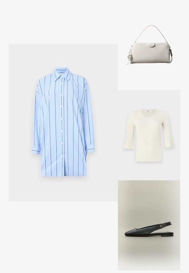 Ribben, lyst kremfarget langermet topp med rund hals og vide ermer. Laget av et strukturert stoff, myk finish, minimalt design.; Vaaleansininen nappikauluspaita, jossa on päällekkäin valkoisia pystyraitoja, pitkät hihat, rintatasku ja klassinen kaulus. Liukas puuvillakangas.; Musta nahkainen slingback-matalakorkoinen kenkä, jossa on terävä kärki ja kultainen logokoriste remmissä, esitetty neutraalilla taustalla.; Valkoinen suorakaiteen muotoinen Calvin Kleinin käsilaukku, jossa on yksittäinen kahva, minimalistinen muotoilu ja koristeelliset tupsut, joissa on geometrinen metalliriipus sivulla.