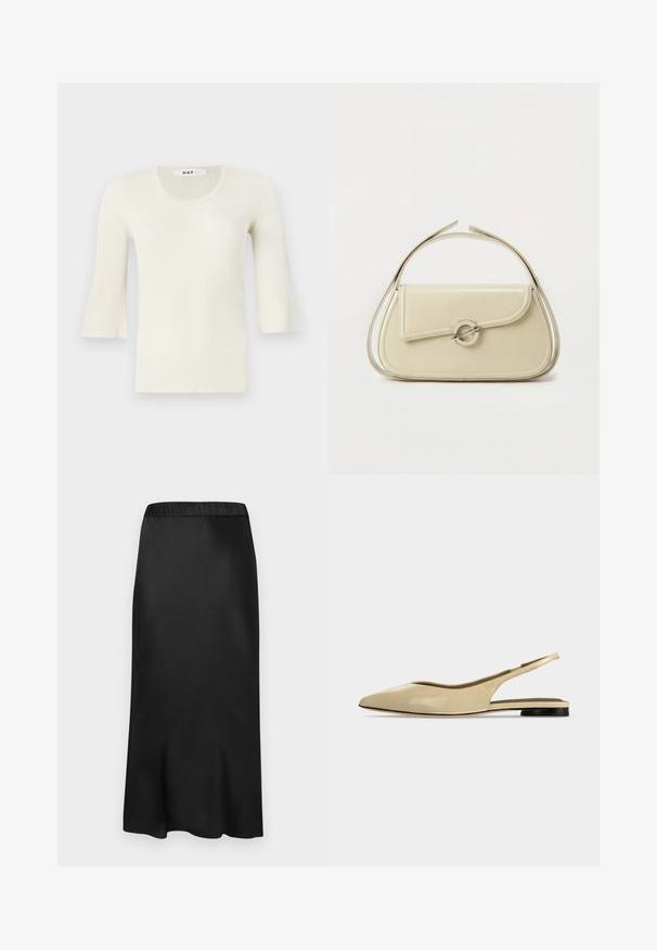 Geribbeld, licht crèmekleurig langemouwen top met een ronde halslijn en uitlopende mouwen. Gemaakt van een gestructureerde stof, zachte afwerking, minimalistisch ontwerp.; Zwarte, satijnen midi-skirt met een elastische tailleband. Gladde textuur en eenvoudig ontwerp, dat iets taps toeloopt aan de zoom voor een vloeiende silhouet.; Beige platte slingback schoen met puntige neus, lage zwarte hak en een glad leren afwerking, zijaanzicht op een effen achtergrond.; Crème leren handtas met gebogen klep, ronde zilveren sluiting en korte bovenste handgreep op een effen witte achtergrond.