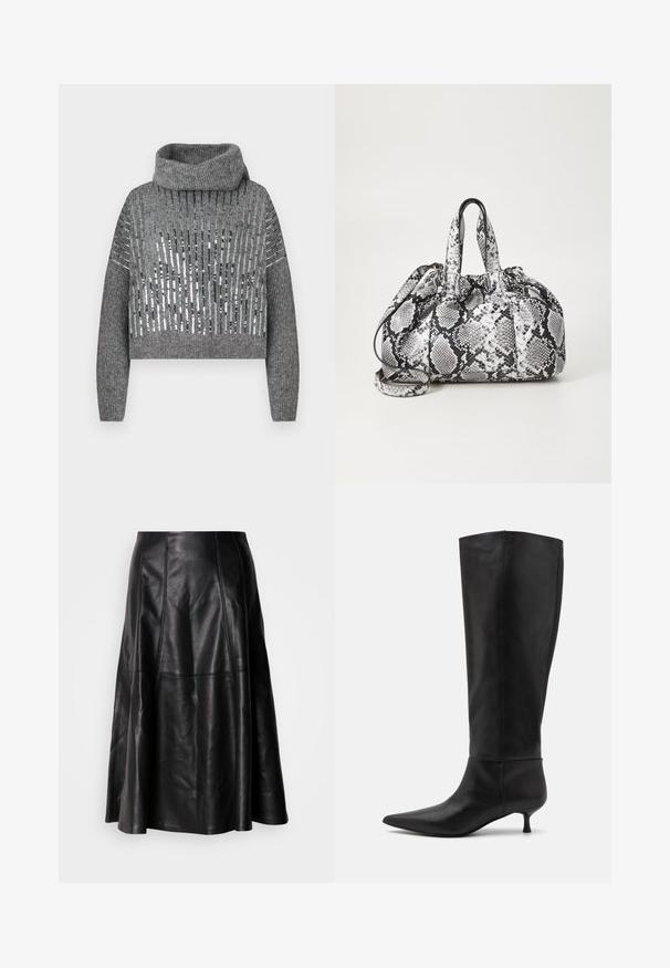 Grauer, kurz geschnittener Pullover mit hohem Kragen, der abwechselnde vertikale Streifen aus metallischen Pailletten und gestricktem Material aufweist. Rippstrickbündchen und -saum.; Schwarzer Lederrock mit ausgestellter Silhouette, sichtbaren Nähten und glatter Textur. Mittellanges Design mit klassischem Schnitt.; Knöchelhohe schwarze Lederstiefel mit einer spitz zulaufenden Zehenpartie und einem Kitten-Heel. Glatte Textur und minimalistisches Design ohne sichtbare Beschläge oder Akzente.; Schwarz-weiße Handtasche im Schlangenhautmuster mit zwei Griffen, einem Kordelzugverschluss und einem abnehmbaren Schultergurt. Glatte Textur.