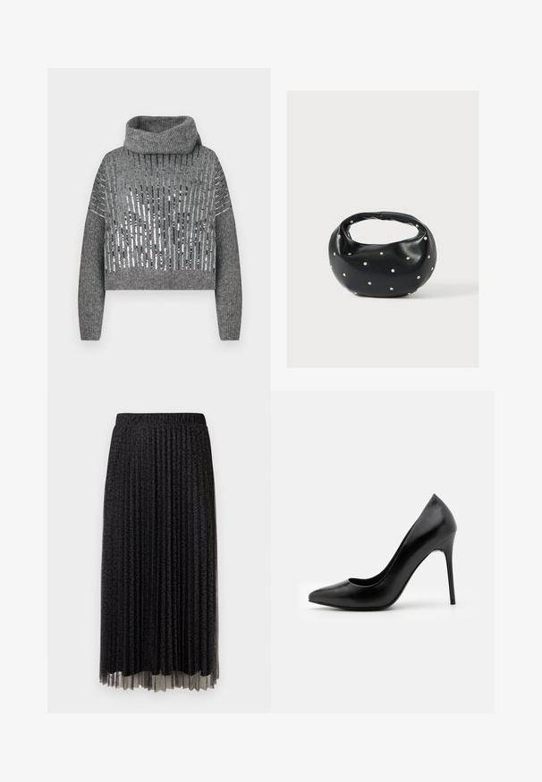 Grå kort sweater med høj hals, der har skiftende lodrette striber af metalliske pailletter og strikket tekstur. Ribkanter ved ærmerne og i kanten.; Sort plisseret midi-skjørt med en subtil leopardprint, elastisk talje og transparent tekstur ved kanten.; Sorte læder højhælede pumper med spids tå og glat overflade. Har en slank stilethæl og et lavt udskæringsdesign.; Sort læderhåndtaske med en rundet form, dekoreret med sølvnitter, og et kort håndtag. Glat tekstur og lynlåslukning.
