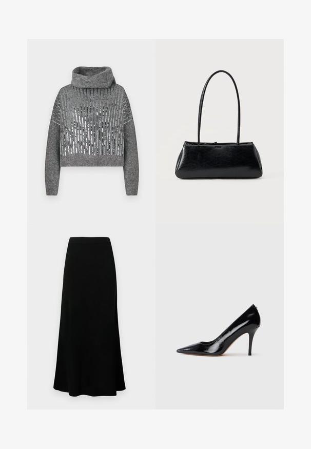 Grå kort sweater med høj hals, der har skiftende lodrette striber af metalliske pailletter og strikket tekstur. Ribkanter ved ærmerne og i kanten.; Sort midi nederdel med en tætsiddende talje, svungent nederste kant, glat tekstur, og ingen synlige mønstre eller detaljer.; Sort højtaljet pumpekappe i laklæder med spids tå, der har en glat tekstur og en slank stiletthæl. Ingen synlige metaldele.; Sort rektangulær skuldertaske med lange tynde stropper og en glat, blank tekstur på en ensfarvet baggrund.