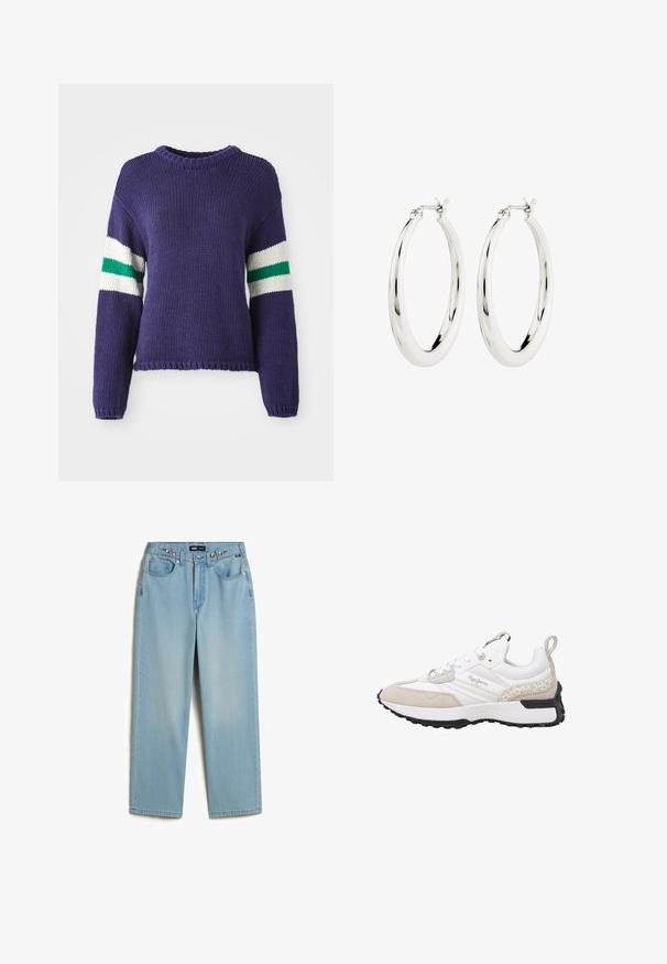 Paarse gebreide trui met een ronde hals en lange mouwen, met witte en groene lijnen op de bovenste mouwen en een cropped zoom.; Vans CINCHED CHECK - Baggy jeans - light stonewash; Witte en beige sneaker met suède en mesh materialen, textuuraccenten, een afgeronde neus en een rubberen zool. Voorzien van een logo aan de zijkant.; Zilveren oorbellen in de vorm van een gladde, glanzende ring. Circulaire vorm, voorzien van een veilige sluiting. Eenvoudig en elegant ontwerp.