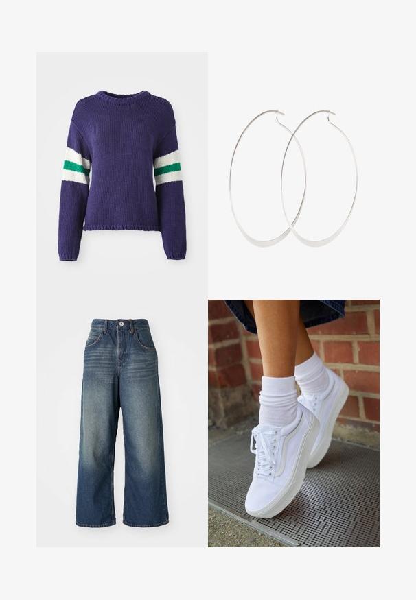 Lilla strikket sweater med rund halsudskæring og lange ærmer, med hvide og grønne striber på de øverste ærmer og en kortet kant.; Bredde denim jeans i en mellemblå vask, med forlommer, en knap- og lynlåslukning samt let falmning på lårene.; Hvide lærreds sneakers med gummisåler, der har seks snørehuller, rund tå og let sømdetaljer, krydret med hvide ankelstrømper.; Sølv hoops øreringe med et tyndt, glat design; langstrakt oval form; poleret finish; har en sikker krog lukning.