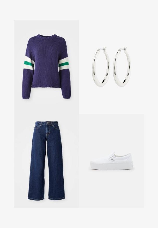 Lilla strikket sweater med rund halsudskæring og lange ærmer, med hvide og grønne striber på de øverste ærmer og en kortet kant.; Mørkeblå vide jeans lavet af denim, med knap- og lynlåslukning, bæltesløjfer og klassisk fem-lomme design.; Hvide Vans slip-on sneakers med tyk sål og subtilt logo-tag på siden, vist i profil mod en ensfarvet lys baggrund.; Sølvøreringe i form af hoops med en glat, blank finish. Cirkulær form, der har en sikker lås. Simpelt og elegant design.