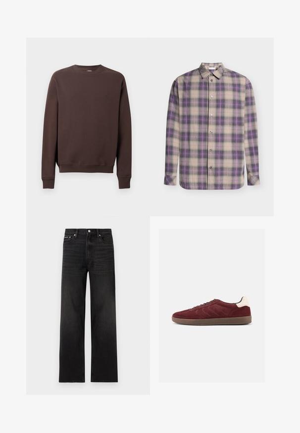 Sweat-shirt marron en tissu doux, avec un col rond, des manches longues, des poignets côtelés et un petit logo sur la poitrine.; Chemise à manches longues boutonnée avec un motif à carreaux beige, violet et noir et un col classique, présentée à plat sur un fond clair.; Jean noir droit avec cinq poches, passants pour ceinture et fermeture par bouton, présenté sur un fond blanc.; Baskets en daim bordeaux avec fermeture à lacets, détails texturés sur les côtés et accent de talon clair. Semelle en gomme avec une finition lisse.