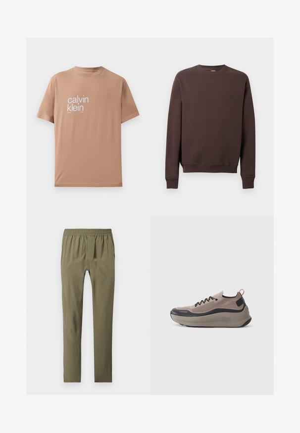 Brauner Sweatshirt aus weichem Material mit Rundhalsausschnitt, langen Ärmeln, gerippten Bündchen und einem kleinen Logo auf der Brust.; Kurzärmliges T-Shirt aus hellbraunem Baumwollstoff, mit großem weißen Text "calvin klein" auf der Vorderseite und Rundhalsausschnitt.; Olivgrüne, schmal geschnittene Hose mit elastischem Bund, zwei Seitentaschen und einem vorderen Reißverschluss, flach auf einem weißen Hintergrund ausgelegt.; Leichte Sneakers in Beige und Schwarz. Strick-Obermaterial mit Schnürverschluss, akzentuiert von einer strukturierten Sohle und einer Zuglasche an der Rückseite für einfaches Anziehen.