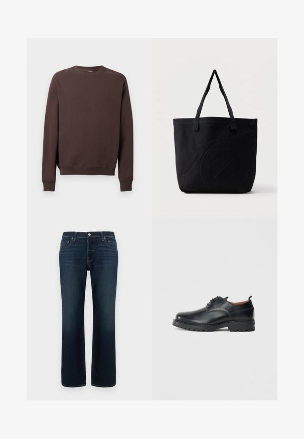 Brun sweatshirt lavet af blødt stof, med rund halsudskæring, lange ærmer, ribbede manchetter, og et lille logo på brystet.; Hollister Co. HERMOSA - Jeans Relaxed Fit - dark blue; Sorte læder derby-sko med en glat overflade, rund tå, snøre-design og en tyk, robust gummisål.; Sort canvas-tote-taske med to skulderstropper og et diskret præget cirkeldesign på fronten.