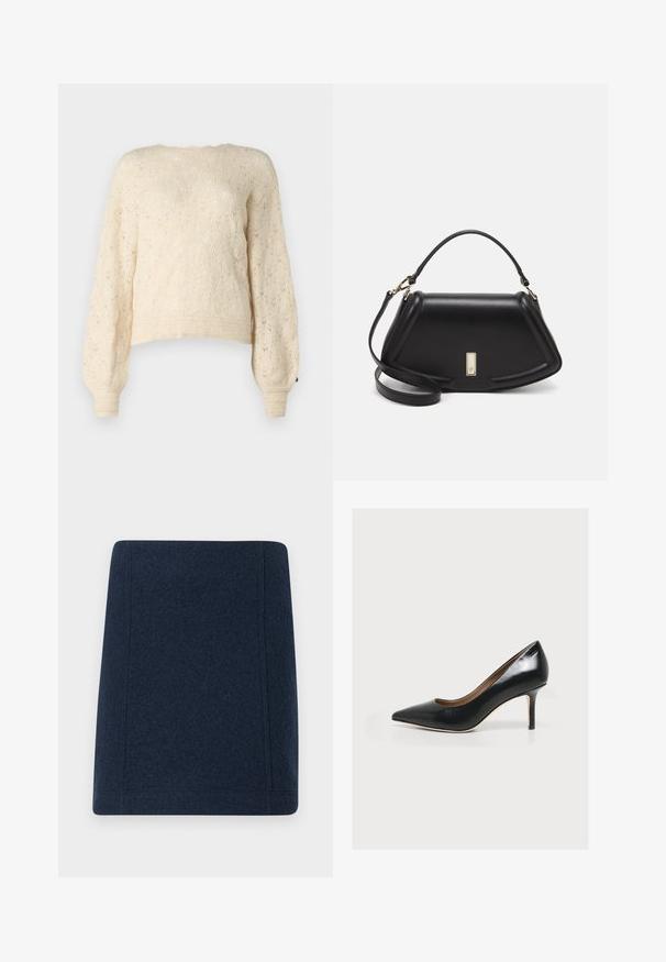 Suéter de punto color crema con un patrón de diamante texturizado, mangas largas abullonadas y puños acanalados. El diseño cropped aporta un toque moderno.; Minifalda de lana en navy con forma recta, costuras planas y una textura suave. Sin patrones ni adornos visibles.; Zapato de tacón alto de cuero negro con puntera puntiaguda y tacón fino, mostrado de lado sobre fondo blanco.; Bolso de mano de cuero negro con un diseño estructurado, que presenta una forma recortada, asa superior y acentos en dorado. Correa de hombro ajustable incluida.