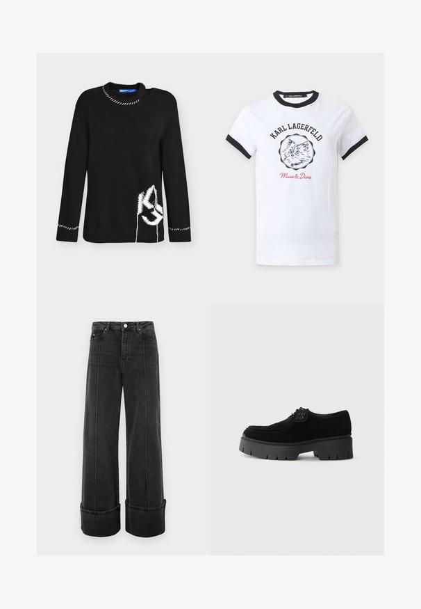 Sort langærmet strikket sweater med hvide syninger på krave, manchetter og kant, med hvid dekorativ lap med løse tråde foran.; Hvid T-shirt med korte ærmer med sort krave og manchetter, med en katteillustration, "KARL LAGERFELD" tekst over og "Muse & Diva" nedenunder i rødt.; Sorte denim wide-leg jeans med høj talje, der har knaplukning, forlommer og folded hems for et særpræget look.; Sorte ruskinds snørebåndssko med en tyk sort gummisål, der har et rillemønster. Indeholder et rundt sort logo-patch på tungen.