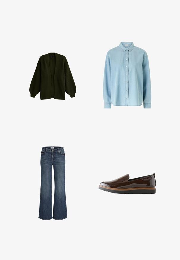 Olijfgroene gebreide cardigan met een losse pasvorm, verlaagde schouders en een diepe V-hals. De geribbelde textuur verhoogt de visuele interesse. Geen sluitingen.; Lichtblauw denim shirt met lange mouwen, knoopsluiting aan de voorkant en kraag, met een comfortabele pasvorm en eenvoudige naaddetails.; Donkerblauwe jeans met wijde pijpen, voorzakken, riemlussen, knoop- en ritssluiting, afgebeeld op een witte achtergrond.; Bruine instapschoen van lakleer met een zwart dikke zool en een tan rand, zijaanzicht.