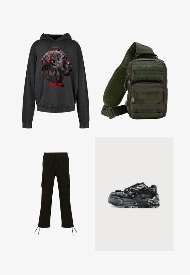 Sudadera negra con capucha, que presenta un gran gráfico impreso de un perfil y texto rojo. Confeccionada en material suave con puños y dobladillo acanalados.; Pantalones cargo negros con cinturilla elástica, bolsillos laterales y cordones en el dobladillo; fabricados en un tejido ligero con una textura suave.; Zapatilla chunky negra con suela gruesa, diseño con cordones, correas texturizadas y detalles metálicos en el talón y los lados sobre un fondo claro.; Mochila tipo bandolera en camuflaje verde con múltiples bolsillos con cremallera, una correa ajustable y un panel trasero de malla para ventilación.