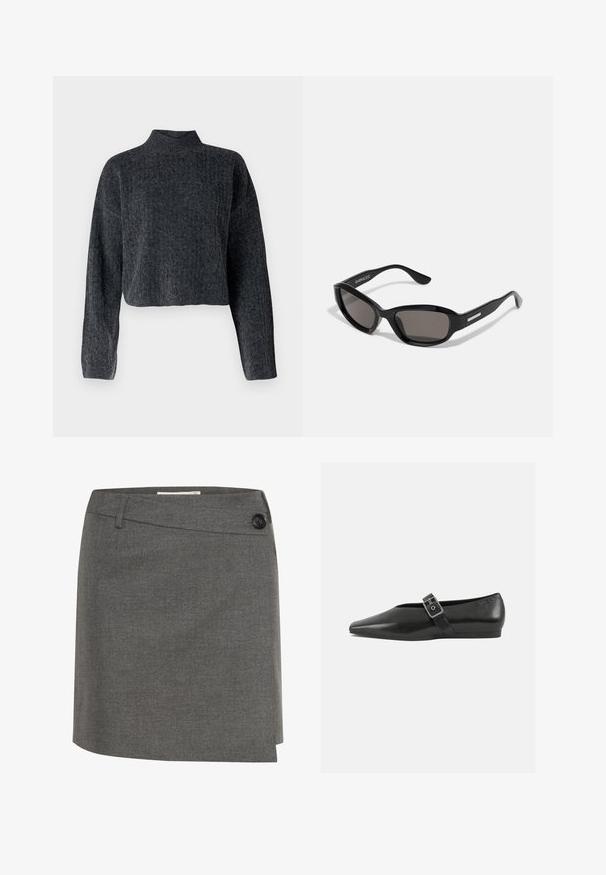 Afskåret, mørkegrå sweater med høj hals og lange ærmer. Fremstillet af tekstureret strikket stof med diskrete mønstre gennem hele. ; Grå nederdel lavet af et tekstureret stof, med en knap i siden og en lige silhuet med et let indviklet design.; Sorte læder flade sko med spidse tæer, prydet med en metallisk spænde over vristen og en lav, fleksibel sål.; Sorte solbriller med rektangulært stel, mørke linser, glat plastmateriale og en metalaccent på templet.