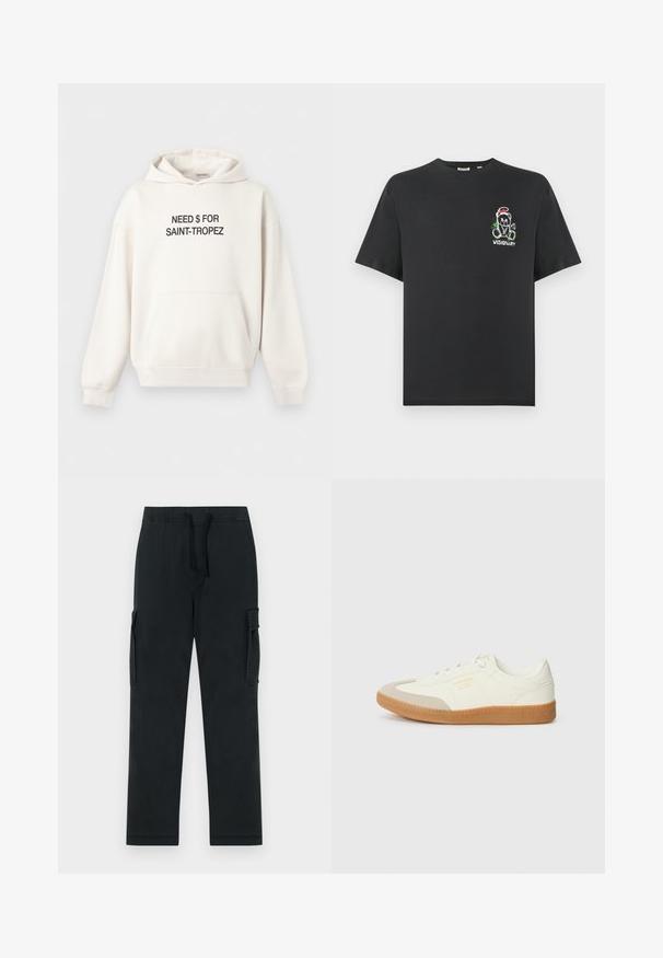 Witte hoodie met voorzak en zwarte tekst "NEED $ FOR SAINT-TROPEZ" gecentreerd op de borst.; Zwart katoenen t-shirt met een cartoonbeer in een feesthoed en het woord "VISIONARY" in wit, geplaatst op de linkerborst.; Zwarte cargobroek met een elastische tailleband, trekkoord en zijzakken. Gemaakt van een glad, duurzaam materiaal; met rechte pijpen.; Schoen gemaakt van wit leer met een beige teenkap en een lichtbruine rubberen zool. Voorzien van platte witte veters en reliëfbranding aan de zijkant.