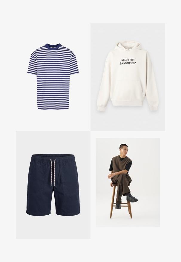 Weißer Kapuzenpullover mit Fronttasche und schwarzem Schriftzug "NEED $ FOR SAINT-TROPEZ" mittig auf der Brust.; Kurzärmliges gestreiftes T-Shirt mit navyblauen und weißen horizontalen Streifen, runder Ausschnitt, lockere Passform und weichem Baumwollmaterial.; Marineblaue lässige Herrenshorts mit elastischem Bund, weißem Kordelzug mit roten Akzenten und aufgesetzten Fronttaschen.; Brauner Strickwesten über einem schwarzen T-Shirt, kombiniert mit braunen weiten Hosen und schwarzen klobigen Schuhen, auf einem Holzschemel sitzend.