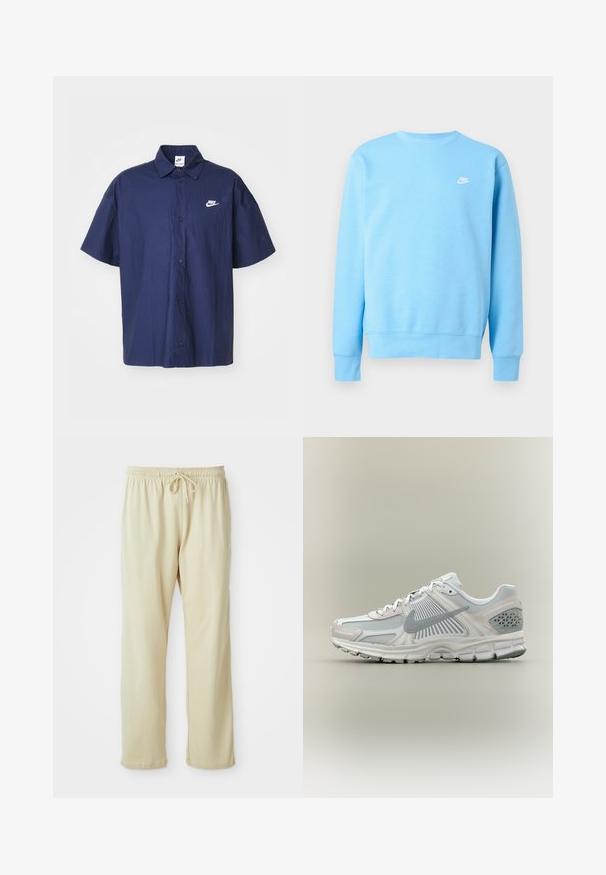 Φωτεινό γαλάζιο μακρυμάνικο φούτερ Nike με στρογγυλή λαιμόκοψη και μικρό λευκό λογότυπο Nike στο αριστερό μέρος του στήθους.; Μαρινίσια κοντομάνικη πουκαμίσα με πτυχώσεις και λευκό λογότυπο Nike στο αριστερό στήθος. Διαθέτει κανονικό γιακά και μαύρα κουμπιά.; Ανοιχτό μπεζ φόρμες με κορδόνι στη μέση, μ tapered πόδια και απαλή υφή. Διαθέτει μια διακριτική λογότυπο της μάρκας στο κάτω μέρος του ποδιού.; Λευκό και γκρι παπούτσι για τρέξιμο Nike με επικαλύψεις από διχτυωτό ύφασμα και συνθετικό υλικό, γκρι λογότυπο swoosh, επενδυμένη σόλα και υφή υποστήριξης στη φτέρνα.