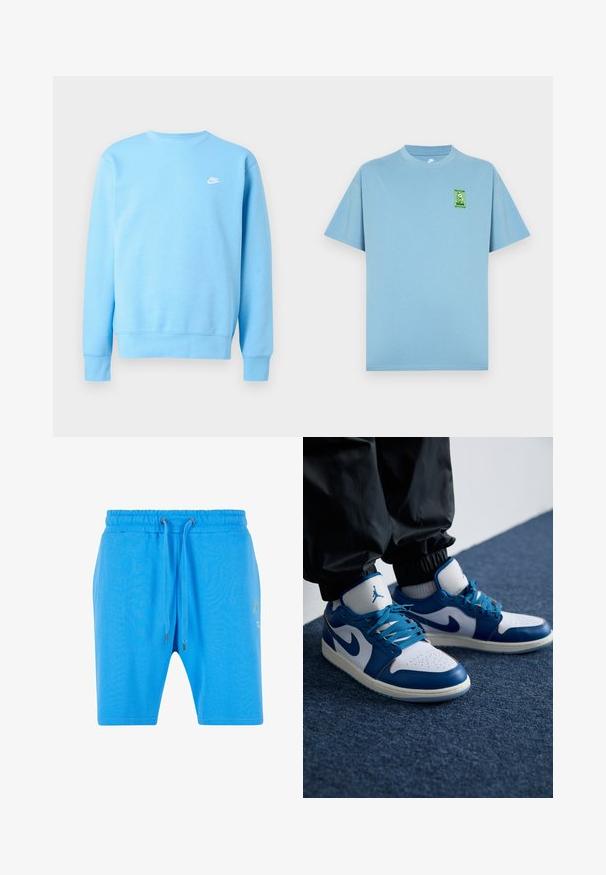 Hellblaues Nike Sweatshirt mit langen Ärmeln, Rundhalsausschnitt und kleinem weißem Nike-Logo auf der linken Brust.; Hellblaues Baumwoll-T-Shirt mit Rundhalsausschnitt und kurzen Ärmeln, mit einem grünen Cartoon-Logo-Patch auf der linken Brust.; Blaue Baumwollshorts mit elastischem Bund, Kordelzugverschluss und dezentem grafischen Detail an der Seite. Glatte Textur und lockere Passform.; Die Nike Air Jordan Sneakers verfügen über eine weiße Lederbasis mit blauen synthetischen Akzenten, einer perforierten Zehenbox und blauen Schnürsenkeln.