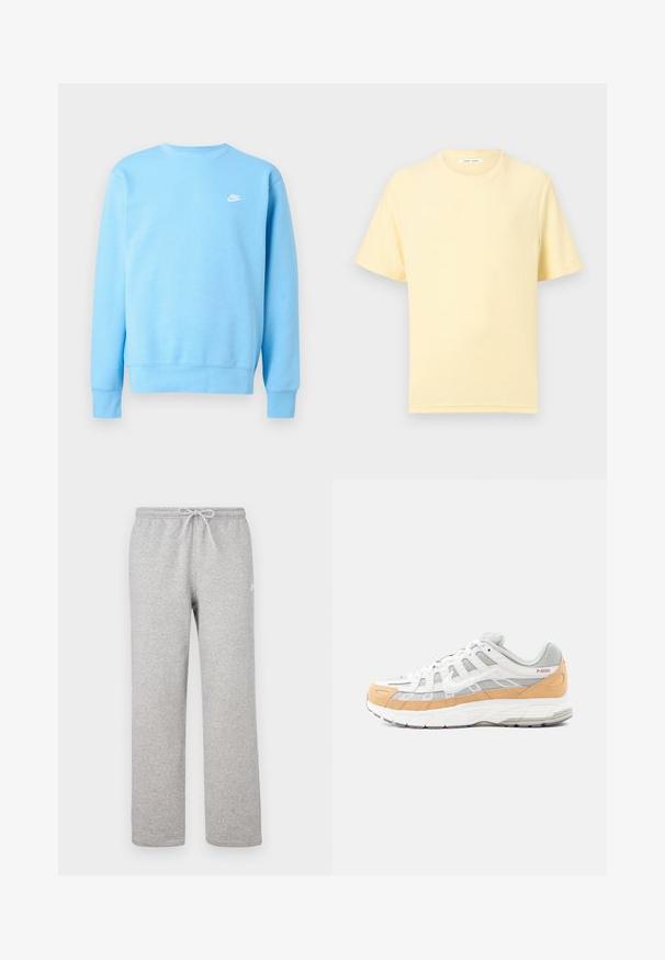 Lyseblå Nike sweatshirth med lange ærmer, rund halsudskæring og lille hvid Nike-logo på venstre bryst.; Blød gul T-shirt med korte ærmer og rund hals med en afslappet pasform på en ensartet lys baggrund.; Grå joggingbukser med elastisk talje og snor. Fremstillet af blødt stof, de har lige ben og diskret logodetalje.; Hvide og grå sneakers med lyse orange accenter, lavet af mesh og lædermaterialer, med en tekstureret sål og geometrisk mønster på siderne.