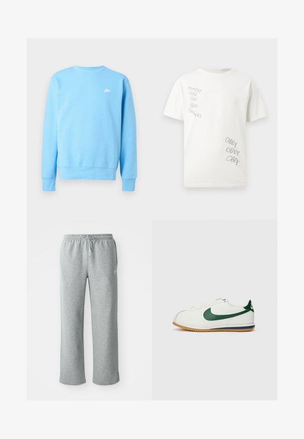 Lichtblauwe Nike trui met lange mouwen, ronde hals en klein wit Nike-logo op de linkerborst.; Wit T-shirt met korte mouwen met grijze tekst aan de voorkant: "BIJNA GRATIS GRATIS GRATIS SERVICES" op de linkerborst en "GEHOORZAAM GEHOORZAAM GEHOORZAAM" rechtsonder.; Grijze katoenen sweatpants met een elastische tailleband, trekkoordsluiting en rechte pijpen. Bevat een klein logo op de bovenste linkerkant.; Nike sneakers met een witte leren bovenzijde, groene accenten, rubberen zool met een gestructureerd profiel en een klassieke vetersluiting.