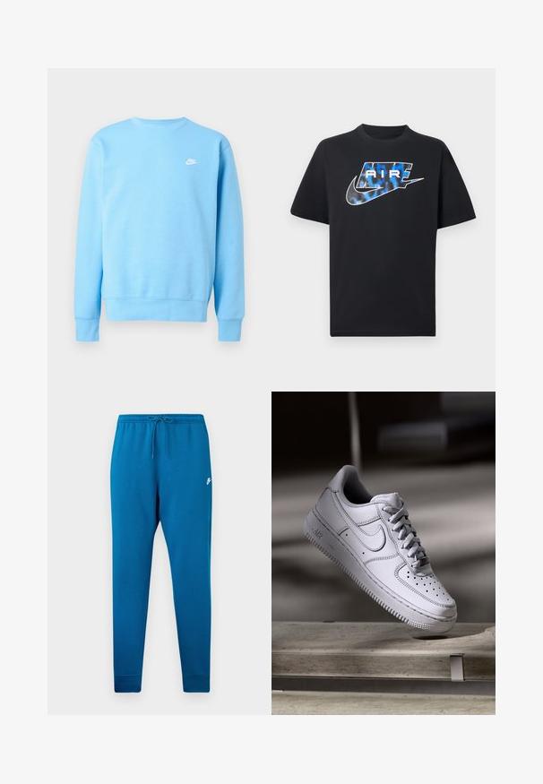 Hellblaues Nike Sweatshirt mit langen Ärmeln, Rundhalsausschnitt und kleinem weißem Nike-Logo auf der linken Brust.; Schwarzes T-Shirt mit kurzen Ärmeln, auf der Brust ist ein stilisierter "AIR"-Schriftzug in Blau und Weiß sowie das Nike-Swoosh-Logo abgebildet.; Blaue Sweathosen mit elastischem Bund und verstellbarem Kordelzug. Mit einem weißen Logo auf dem Oberschenkel und tapered Bündchen an den Knöcheln.; Weißer Nike Air Force 1 Sneaker aus Leder mit perforierter Zehenpartie, flachen Schnürsenkeln und strukturierter Gummisohle mit "AIR"-Branding an der Seite.