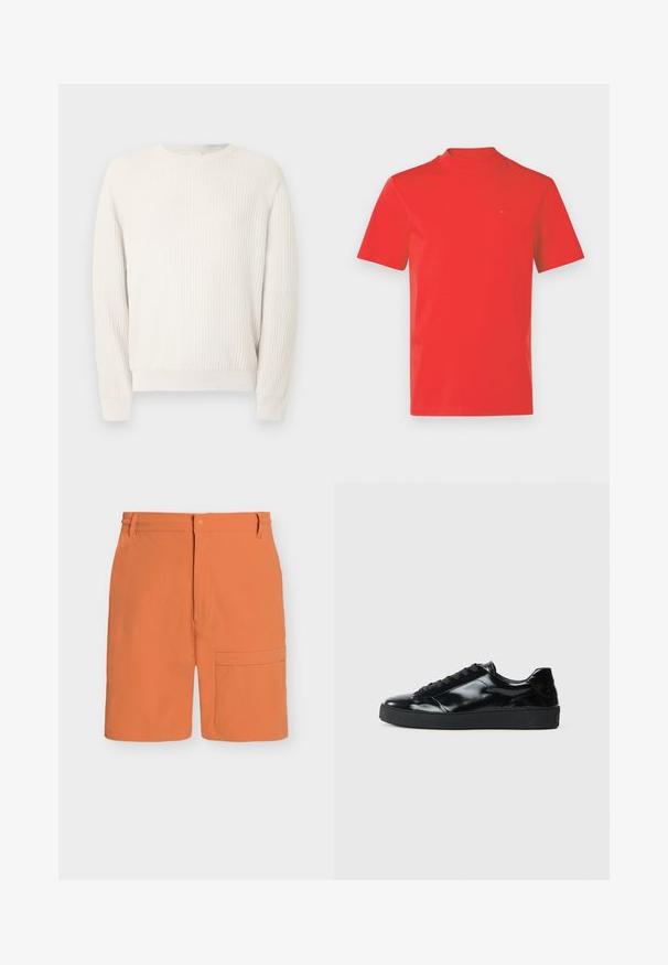 Pull côtelé beige clair avec col rond et manches longues. Présente un tissu texturé et des poignets ajustés, offrant une silhouette décontractée.; T-shirt rouge à manches courtes et col rond avec un petit logo discret sur le haut de la poitrine, design uni sur fond blanc.; Short orange longueur genou avec fermeture par bouton et zip, passants de ceinture et grande poche latérale sur la jambe droite.; Baskets en cuir verni noir avec un bout arrondi, un laçage, une semelle en caoutchouc texturé et une finition lisse.