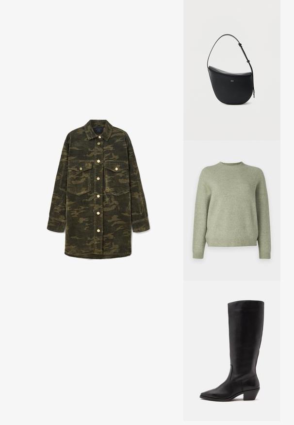 DRYKORN PEMIRI - Striktrøje - green; Langærmet grøn og brun camo kordfløjl skjortejakke med krave, knaplukning foran og to brystlommer med klap.; Sort læderstøvle til midtkalv med spids tå og lavt skråt hæl på en enkel lys baggrund.; Sort halv-måne skuldertaske i læder med justerbar rem og guld "BOSS"-logo centreret foran.