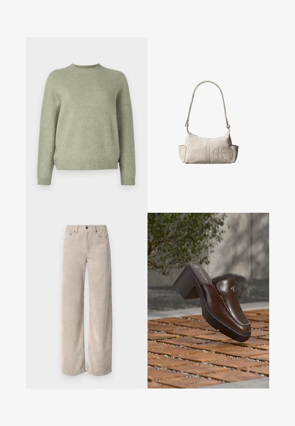 DRYKORN PEMIRI - Strickpullover - green; Beige Kordhose im Weitschnitt mit vertikalen Streifen, ausgestattet mit einem Knopfverschluss und frontalen Taschen. Weicher, strukturierten Stoff in lockerer Passform.; Braune Leder-Calvin Klein Absatzpantolette, die über einem Holzboden mit verschwommenem grünem Pflanzen- und Wandhintergrund schwebt.; Kleine beige Leder-Schultertasche mit verstellbarem Riemen und geprägt Calvin Klein-Logo vorne in der Mitte.