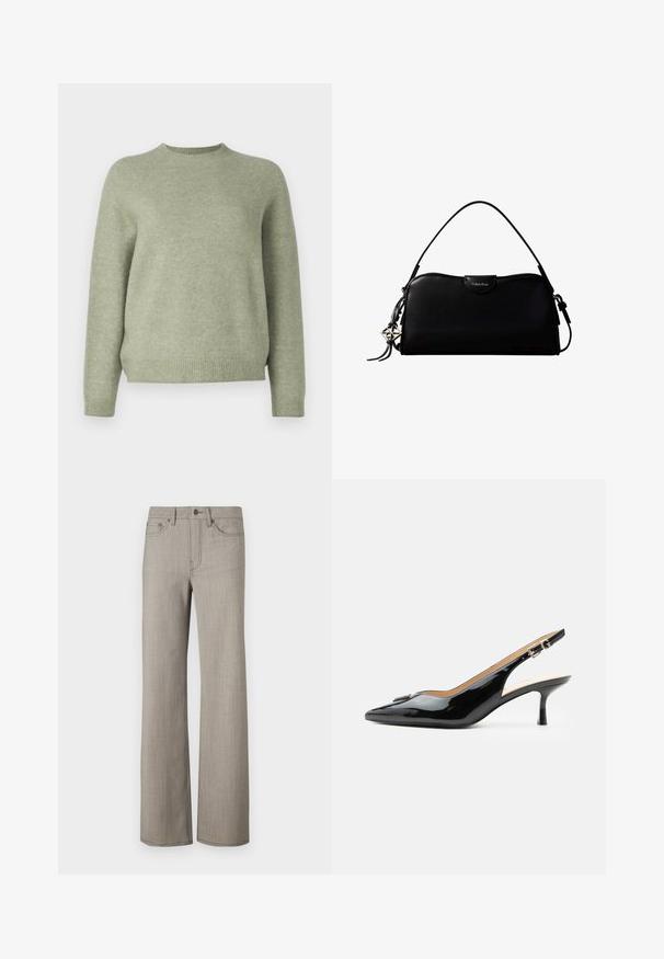 DRYKORN PEMIRI - Strickpullover - green; Weit geschnittene Hose aus einem hellgrauen, strukturierten Stoff mit glatter Oberfläche. Mit Knopfverschluss und Fünf-Taschen-Design.; Schwarzer Pumps mit Riemchen aus Lackleder, spitz zulaufender Zehenpartie, kleinem Kitten-Heel und silberner Schnalle auf weißem Hintergrund.; Schwarze, rechteckige Calvin Klein Handtasche mit einem einzelnen Tragegriff oben, silbernem Logo-Anhänger und kleinem Klappverschluss auf der Vorderseite.