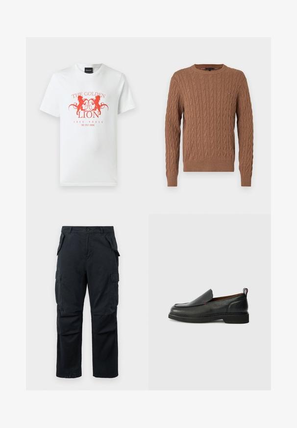 Suéter marrón de punto trenzado con cuello redondo y puños y dobladillo acanalados. Presenta un pequeño logo en el pecho.; Camiseta de algodón blanca con un estampado gráfico rojo de dos leones y el texto "THE GOLDEN LION FREE HOUSE" en un diseño circular. Mangas cortas.; Pantalones cargo negros hechos de un tejido duradero, con múltiples bolsillos laterales, diseño de pierna recta y un cierre de botón en la cintura.; Zapato negro de cuero tipo mocasín con punta redondeada, parte superior texturizada, costuras rojas en contraste y un tacón bajo. Cuenta con una tira de agarre en la parte posterior.