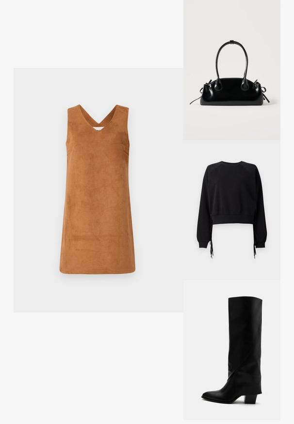 Sweatshirt cropped noir avec des manches raglan longues, un col côtelé et des liens latéraux ajustables pour un ajustement parfait. Fabriqué dans un tissu doux et texturé.; Robe sans manches brune en matériau semblable àdu daim avec un décolleté en V, présentant une texture lisse et des lignes épurées. Pas de détails supplémentaires.; Botte haute en cuir noir avec couture inclinée, bout pointu et talon épais de taille moyenne sur fond blanc.; Petit sac à main noir brillant avec deux longues anses et des détails à cordon sur les côtés sur un fond clair uni.