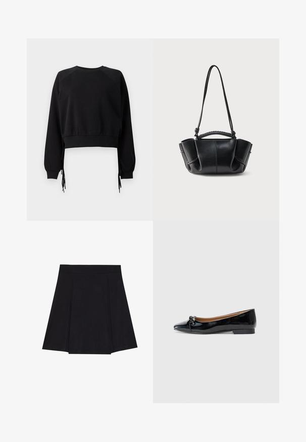 Sort cropped sweatshirt med lange raglanærmer, ribbet halsudskæring og justerbare sidelukninger for pasform. Lavet af blødt, tekstureret stof.; Sort skater nederdel lavet af blødt stof, med en tætsiddende talje, plisseringer foran og en vidde, knælang kant.; Sorte patenterede læderballetsko med spidse tæer, lille sløjfedetail foran og en lav, firkantet hæl. Glat, skinnende tekstur.; Sort læderhåndtaske med en buet silhuet, opsamlede sider, flettet håndtag og en lang tynd rem mod en hvid baggrund.