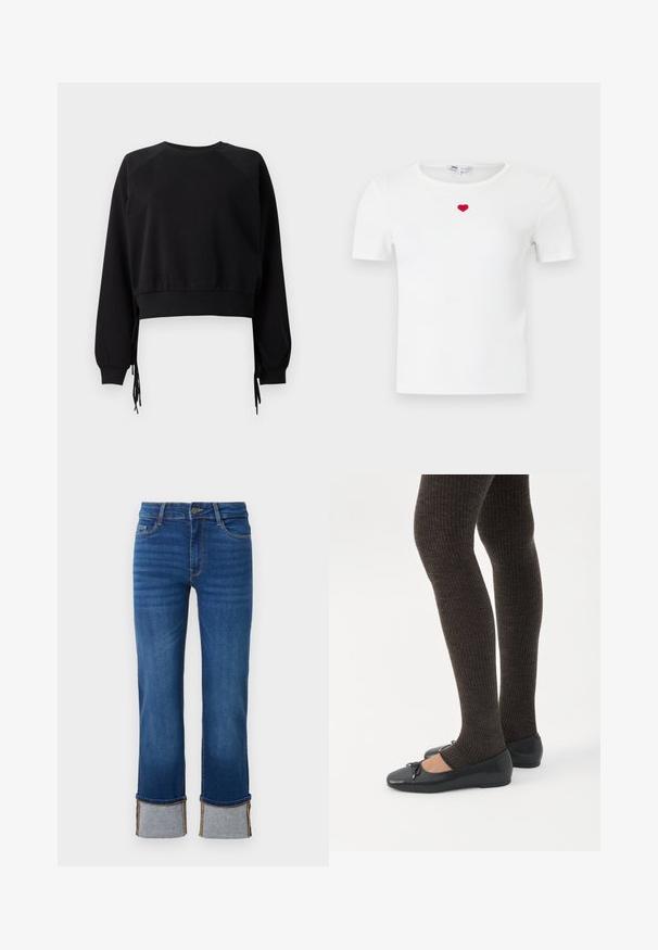 Sort cropped sweatshirt med lange raglanærmer, ribbet halsudskæring og justerbare sidelukninger for pasform. Lavet af blødt, tekstureret stof.; Hvid, ribstrikket t-shirt med korte ærmer og et lille rødt hjerte broderet på midten af brystet under halsudskæringen.; Blå denimjeans med lige ben, der har opkrøllede manchetter i lys grå. Mellemhøj talje og traditionelt fem-lomme design.; Ben iført mørke ribbede leggings kombineret med sorte balletsko med små sløjfedetaljer på hvid baggrund.
